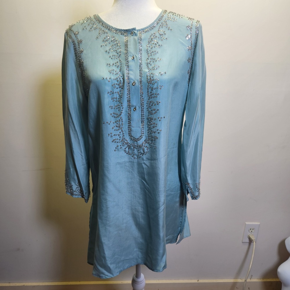 Vtg NWT Arden B 100% Silk Sequined Tunic Top Lrg Pastel Blue Buttons 3/4 Sleeves